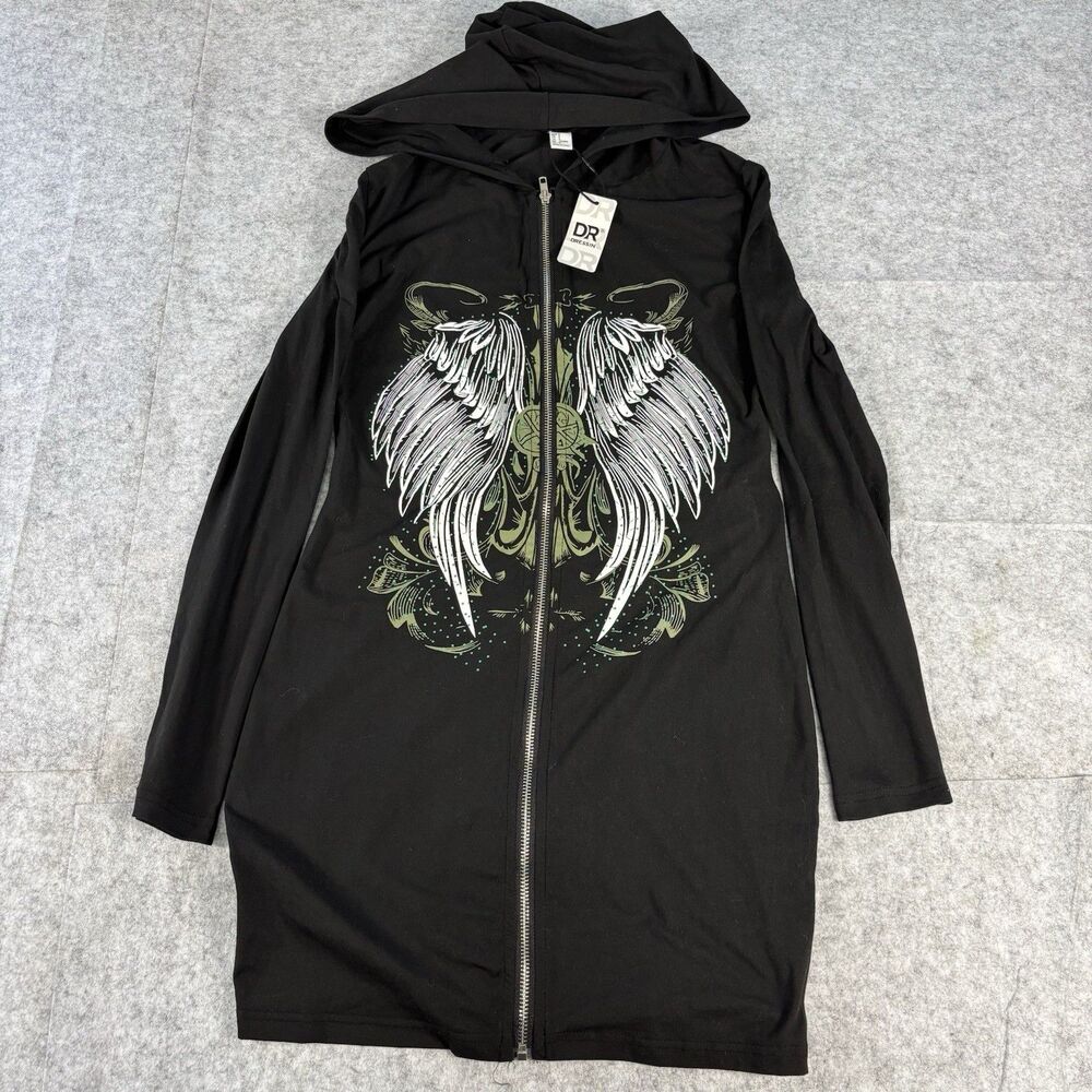 INAWLY Black Angel Wing Rhinestone Hooded Zip Mini Dress Womens S NWT Goth Y2K